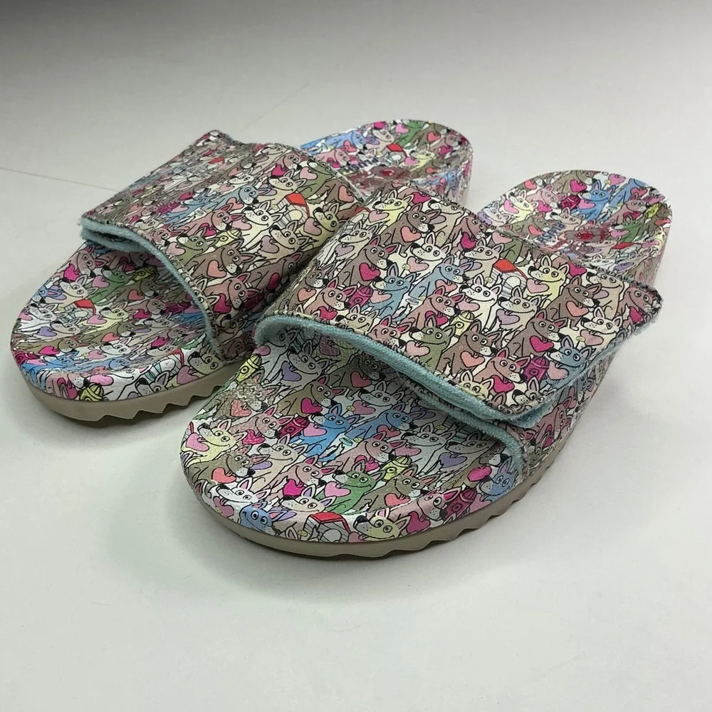 Skechers Multicolor BOBS Dog Print Kids 6 Slides 113735 Plush Foam Sandals